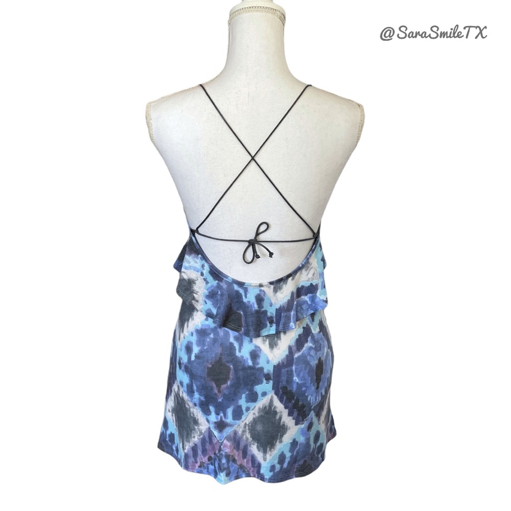 FOR LOVE AND LEMONS Boho Ikat Print Ruffle Trim Open Back Mini Dress - RARE! - Picture 3 of 14